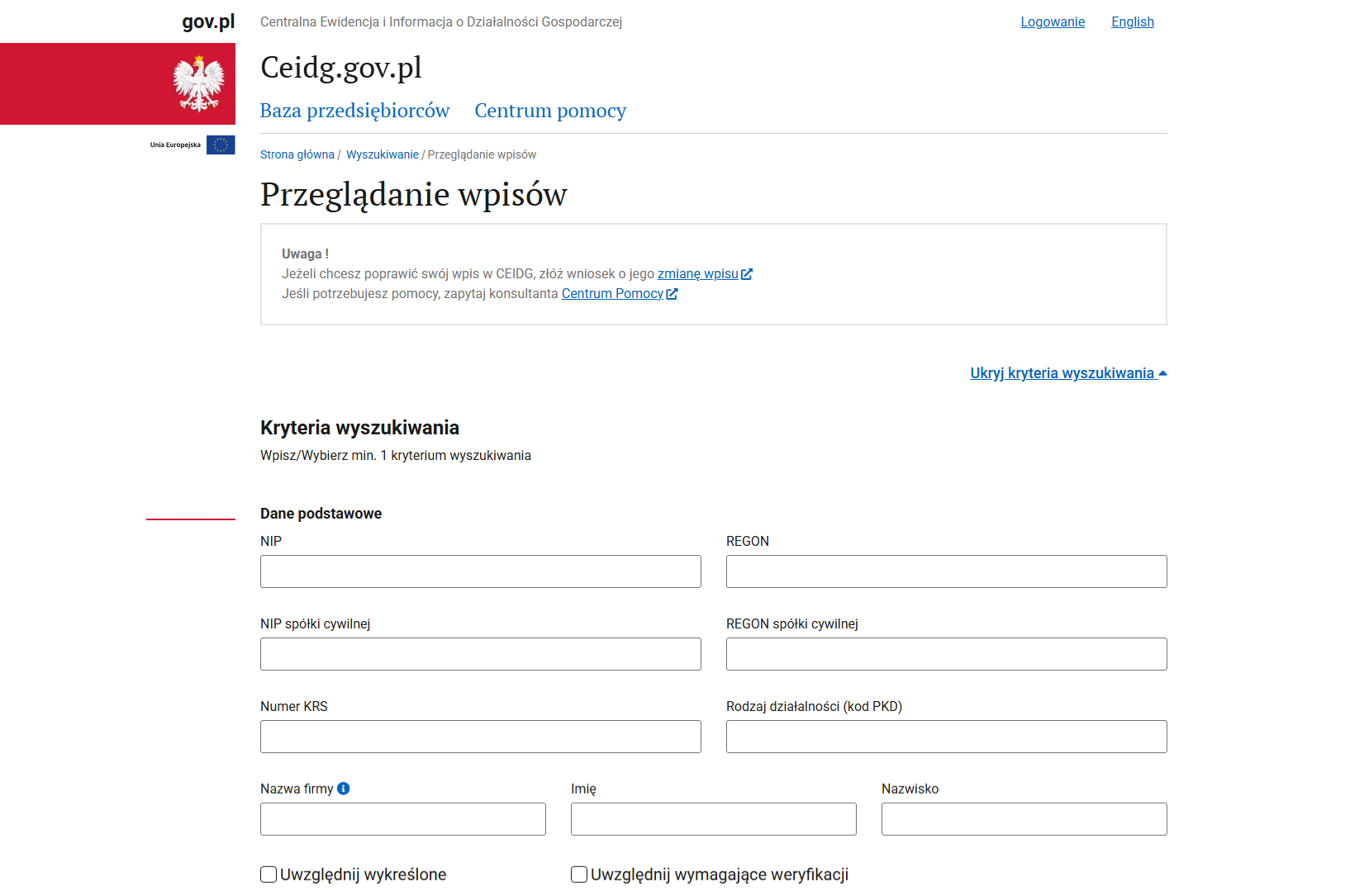Strona bazy CEIDG.