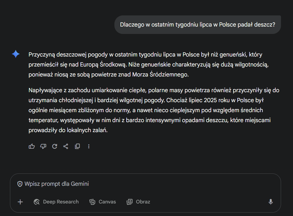 Zrzut ekranu z konwersacji z Gemini. Prawidłowa odpowiedź.