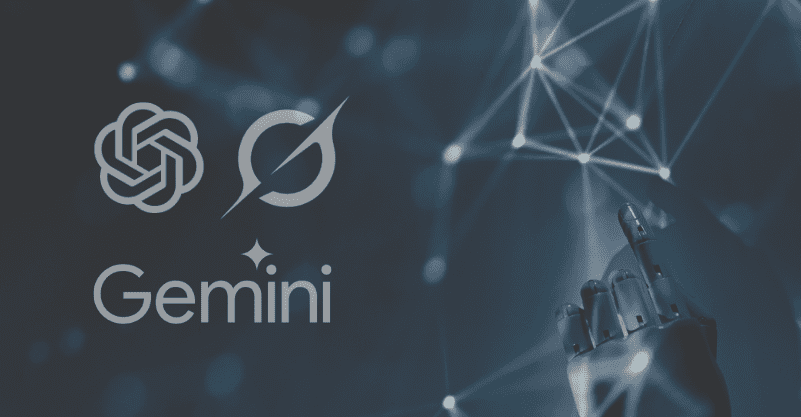w tle grafika robota, logo Chat GPT, Gemini i Groka