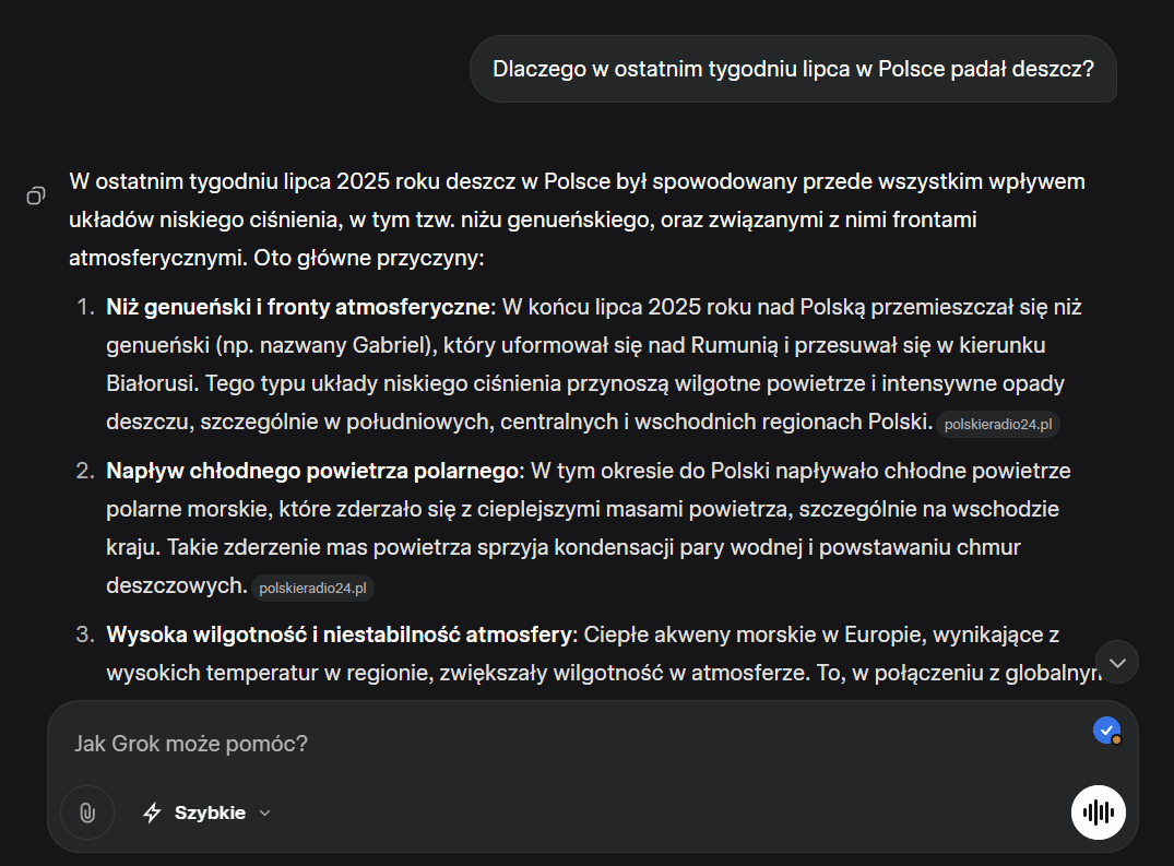 Zrzut ekranu z konwersacji z Grokiem. Prawidłowa odpowiedź.
